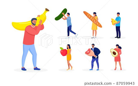 Set of various tiny people with different food and products. Men and women eat cheese, bread, fruits, vegetable and meat Set of various tiny people with different food and products. Men and women eat cheese, bread, fruits, vegetable and meat 87059943