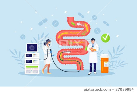 Team of physicians performs colonoscopy, diagnostics of the intestine. Bowel health. Tiny medical doctors examining gastrointestinal tract and digestive system. Gut microorganisms and friendly flora Team of physicians performs colonoscopy, diagnostics of the intestine. Bowel health. Tiny medical doctors examining gastrointestinal tract and digestive system. Gut microorganisms and friendly flora 87059994