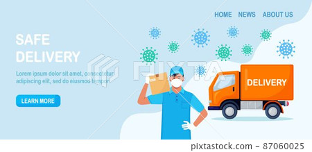 Safe delivery service. Food online order. Courier in facial mask and blue protective medical gloves holding carton package. Man delivering parcel by truck 87060025