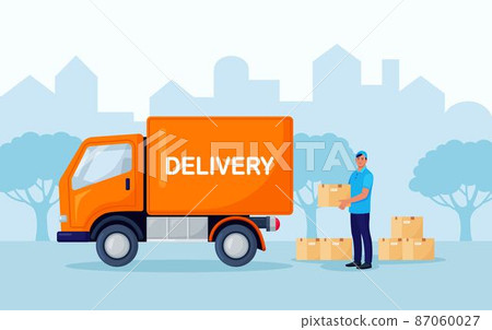 Warehouse workers with parcels boxes. Delivery and Shipping service. Loader unloads the goods from the truck Warehouse workers with parcels boxes. Delivery and Shipping service. Loader unloads the goods from the truck 87060027