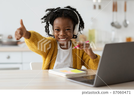Homeschooling. Portrait Of Happy Black Preteen Girl Study With Laptop At Home 87060471