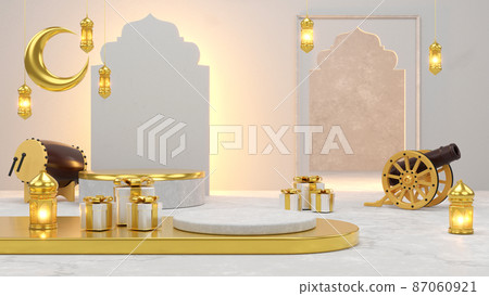 Islamic product display mock up. Podium, crescent moon, lantern, gift box. Ramadan, Islamic New Year. 3D rendering. Islamic product display mock up. Podium, crescent moon, lantern, gift box. Ramadan, Islamic New Year. 3D rendering. 87060921