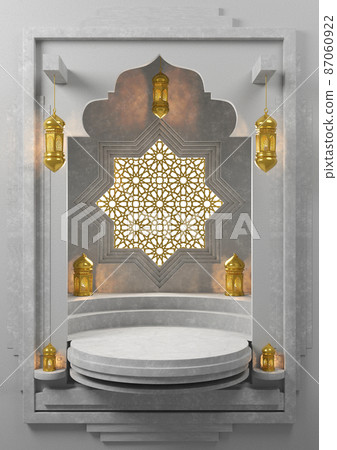 Islamic product display mock up. Podium, crescent moon, lantern, gift box. Ramadan, Islamic New Year. 3D rendering. Islamic product display mock up. Podium, crescent moon, lantern, gift box. Ramadan, Islamic New Year. 3D rendering. 87060922