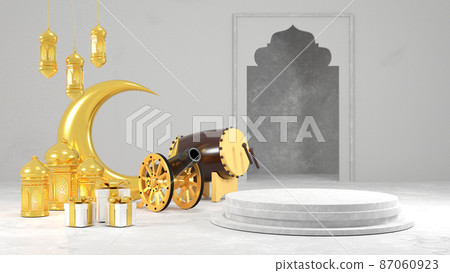 Islamic product display mock up. Podium, crescent moon, lantern, gift box. Ramadan, Islamic New Year. 3D rendering. 87060923