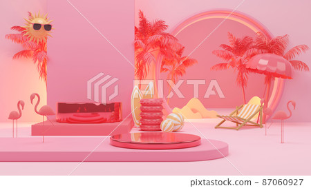 3d rendering box podium palm leaves with summer background. 87060927