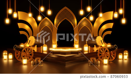 Islamic product display mock up. Podium, crescent moon, lantern, gift box. Ramadan, Islamic New Year. 3D rendering. Islamic product display mock up. Podium, crescent moon, lantern, gift box. Ramadan, Islamic New Year. 3D rendering. 87060933