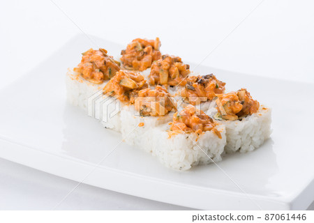 Japanese food restaurant, sushi maki gunkan roll plate or platter set. Sushi set and composition Japanese food restaurant, sushi maki gunkan roll plate or platter set. Sushi set and composition 87061446