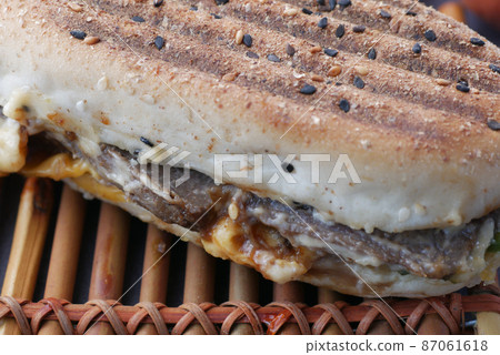 detail shot of club sandwich on wooden table 87061618