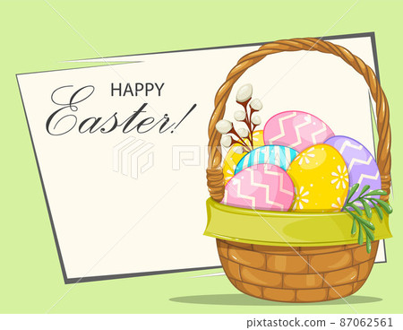 Happy Easter. Beautiful basket with colored eggs 87062561
