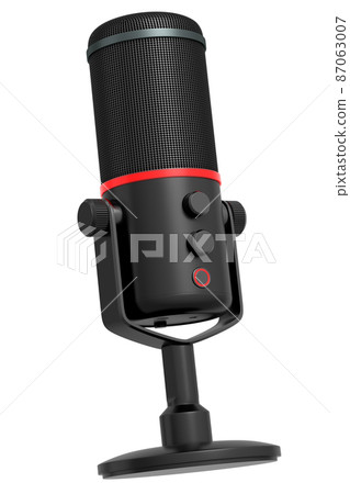 3D rendering of black studio condenser microphone isolated on white background. Concept of cloud gaming and game streaming services 3D rendering of black studio condenser microphone isolated on white background. Concept of cloud gaming and game streaming services 87063007
