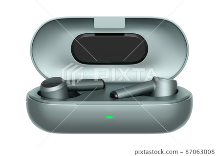 3D rendering of wireless earphones in base box on white background. Concept of headphones for workouts or listening streaming services 87063008