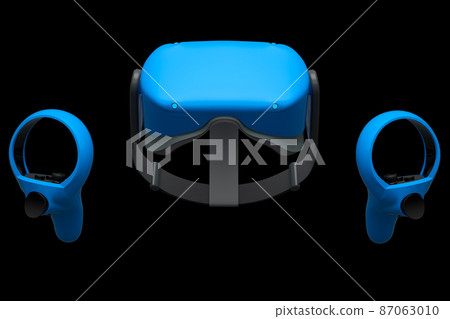 Virtual reality glasses and controllers for online and cloud gaming on black background. 3D rendering of device for virtual design in augmented reality or virtual gaming in VR 87063010