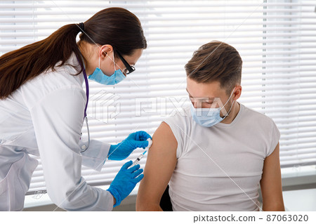 The doctor holds a syringe before giving an injection to a patient in a medical mask. Covid-19 or coronavirus vaccine. Vaccination of the population concept. The doctor holds a syringe before giving an injection to a patient in a medical mask. Covid-19 or coronavirus vaccine. Vaccination of the population concept. 87063020