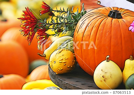 Pastel-like "pumpkin and chrysanthemum flower Halloween image" illustration image 87063513