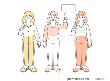 Illustration set with copy space of female pointing up 87065089