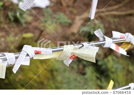 Omikuji fortune at Miiwayama Shrine Omikuji fortune at Miiwayama Shrine 87066458