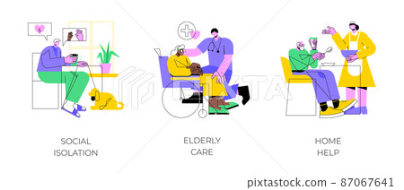 Older people living abstract concept vector illustration set. Social isolation, elderly care, home help, disabled people, medical nursing home, healthcare service, care allowance abstract metaphor. Older people living abstract concept vector illustration set. Social isolation, elderly care, home help, disabled people, medical nursing home, healthcare service, care allowance abstract metaphor. 87067641