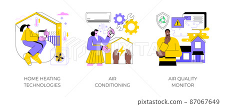 Home automation abstract concept vector illustration set. Home heating technologies, air conditioning and quality monitor, save energy, smart cooling, air filtering, thermostat abstract metaphor. Home automation abstract concept vector illustration set. Home heating technologies, air conditioning and quality monitor, save energy, smart cooling, air filtering, thermostat abstract metaphor. 87067649