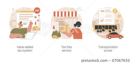 Taxation control abstract concept vector illustration set. Value added tax system, tax free service, transportation surtax, retail good purchase, refunding VAT, transit service fee abstract metaphor. Taxation control abstract concept vector illustration set. Value added tax system, tax free service, transportation surtax, retail good purchase, refunding VAT, transit service fee abstract metaphor. 87067650