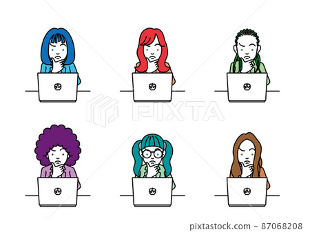 Illustration of a woman with a troubled face in front of a laptop Illustration of a woman with a troubled face in front of a laptop 87068208