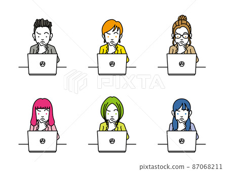 Illustration of a woman with a troubled face in front of a laptop Illustration of a woman with a troubled face in front of a laptop 87068211