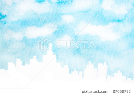 藍天和城市景觀水彩畫 藍天和城市景觀水彩畫 87068752