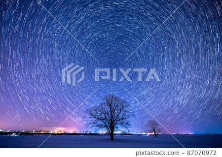 Harunire tree starlight trail scenery Harunire tree starlight trail scenery 87070972