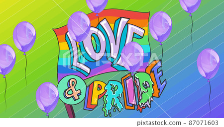 Image of balloons with rainbow love and pride text on rainbow background 87071603