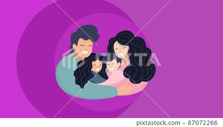 Image of happy family embracing on purple… - Stock Illustration