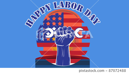 Hand holding tool and happy labor text over american flag and flashing siren against blue background 87072488