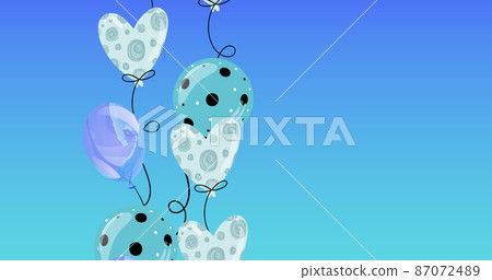 Image of purple balloons and hearts with copy space on blue background 87072489
