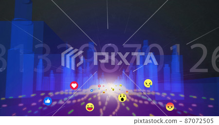 Multiple numbers changing against multiple face emojis floating over 3D city model 87072505