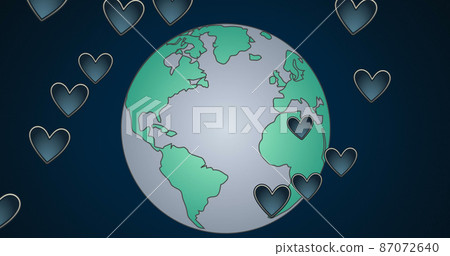 Image of globe and hearts on dark blue background 87072640