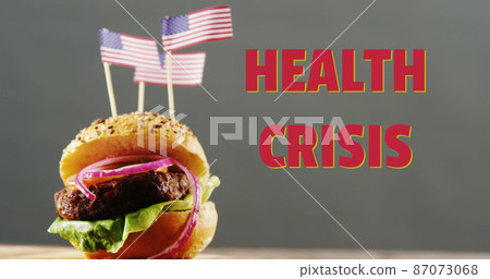 Health Crisis text against American flags on burger against grey background 87073068