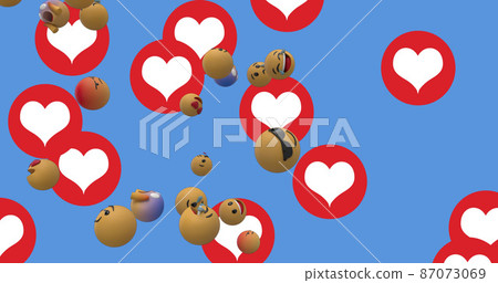 Multiple face emojis and heart icons floating against blue background Multiple face emojis and heart icons floating against blue background 87073069