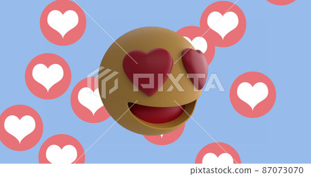 Heart eyes face emoji against heart icons floating on blue background Heart eyes face emoji against heart icons floating on blue background 87073070