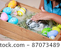 Asian child girl touching tiny bunny with tenderness and love. Baby rabbits in the nest with mommy fur and hay. People take care a pet and decorate home for Easter. Happy Easter Happy holiday. 87073489