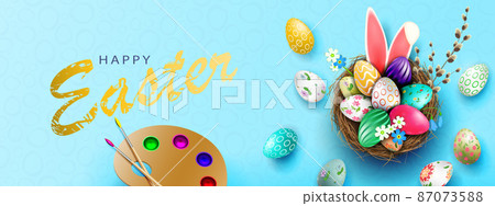 Blue postcard with Easter eggs in the nest, bunny ears and a palette of paints 87073588