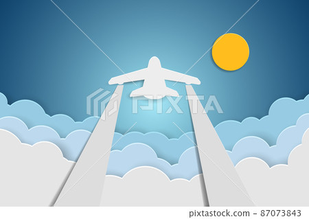 Paper airplane flying above clouds in blue sky. vector illustration Paper airplane flying above clouds in blue sky. vector illustration 87073843