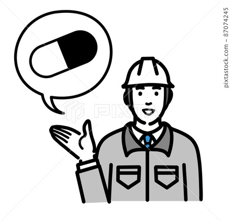 A male field worker wearing a helmet explaining medicines A male field worker wearing a helmet explaining medicines 87074245