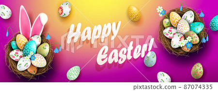 Purple Easter card with nests and eggs, bunny ears 87074335