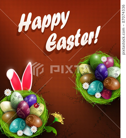 Easter brown card with a nest and painted eggs, rabbit ears 87074336