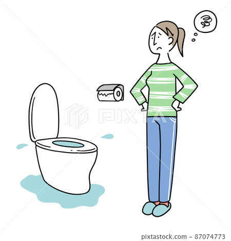 A woman who is in trouble because the toilet is out of order A woman who is in trouble because the toilet is out of order 87074773