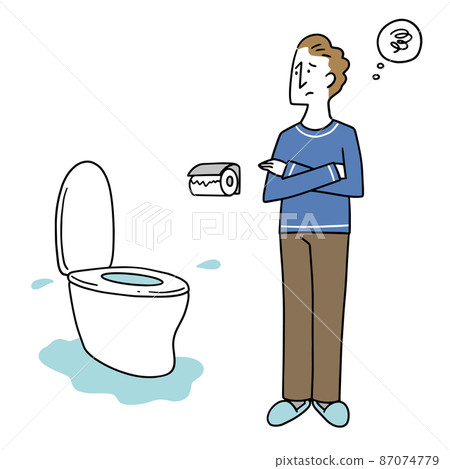 A man who is in trouble because the toilet is out of order A man who is in trouble because the toilet is out of order 87074779