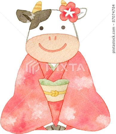 穿著和服迎接新年的奶牛的插圖 穿著和服迎接新年的奶牛的插圖 87074784
