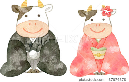 一頭牛穿著和服和外罩袴迎接新年的插圖 87074878