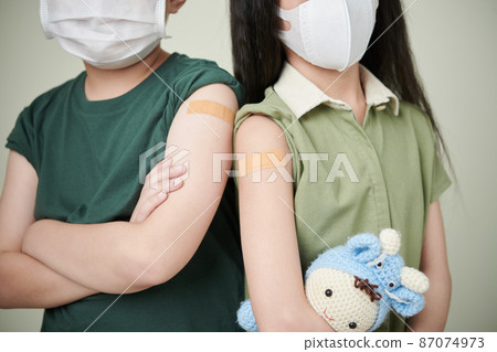 Close-up of children in masks standing back to back with plasters on their arms getting vaccination at hospital 87074973
