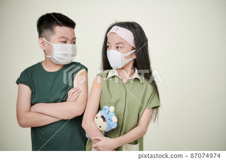 Two asian children in protective mask and plasters on their arms being vaccinated from disease, standing and looking at each other against the white background 87074974