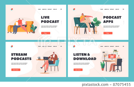 Characters Listen Podcast Landing Page Template Set. People Listening to Audio Programs in Headphones, Use App on Phone 87075455