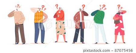Senior Characters Thinking, Forgetful Pensive Elderly People with Alzheimer Disease. Confused Grandfather, Grandmother 87075456